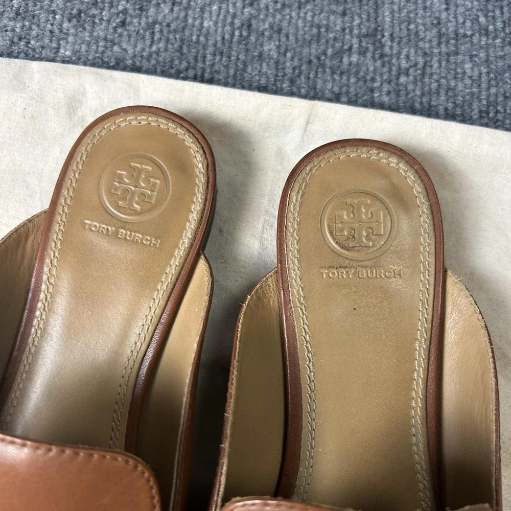 Tory Burch Loafer Shoes Womens Size 8.5 Brown Leather Mule Slip On Bit Logo